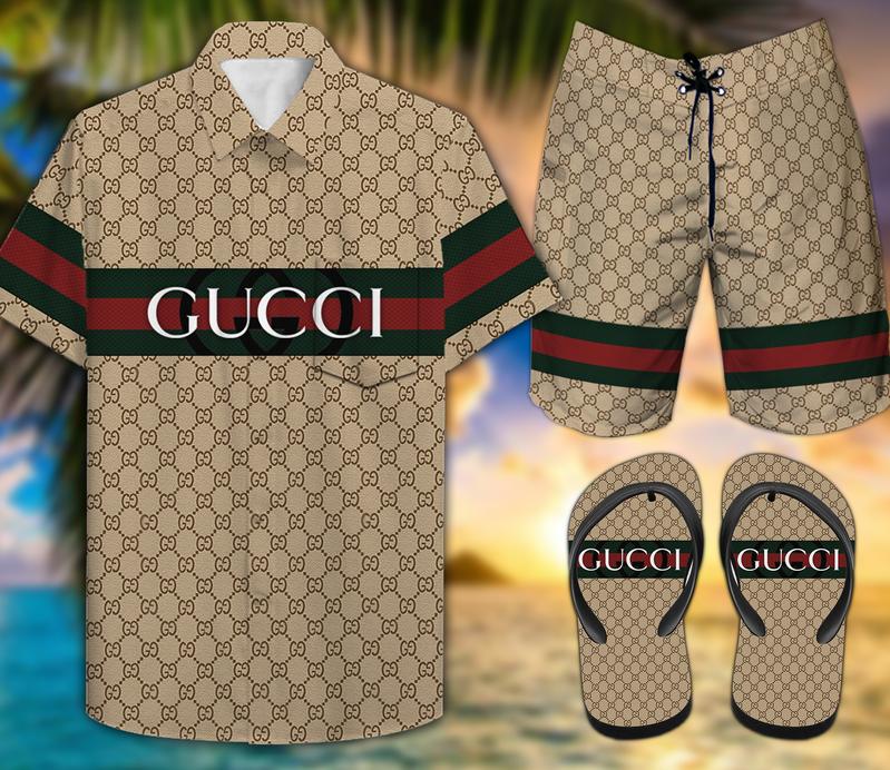 Gucci Fashion 2022 Combo Hawaiian Shirt Beach Shorts And Flip Flop - Bluecat