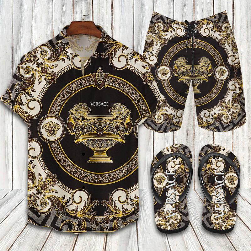 Versace Barocco Acanthus Hawaiian Shirt Shorts and Flip Flops Combo