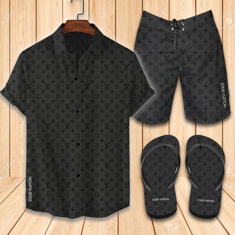 Louis Vuitton Supreme Monogram Black Hawaiian Shirt And Beach Shorts -  Tagotee